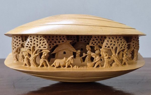 Village Life Hand Carved Wooden Decorative Shell