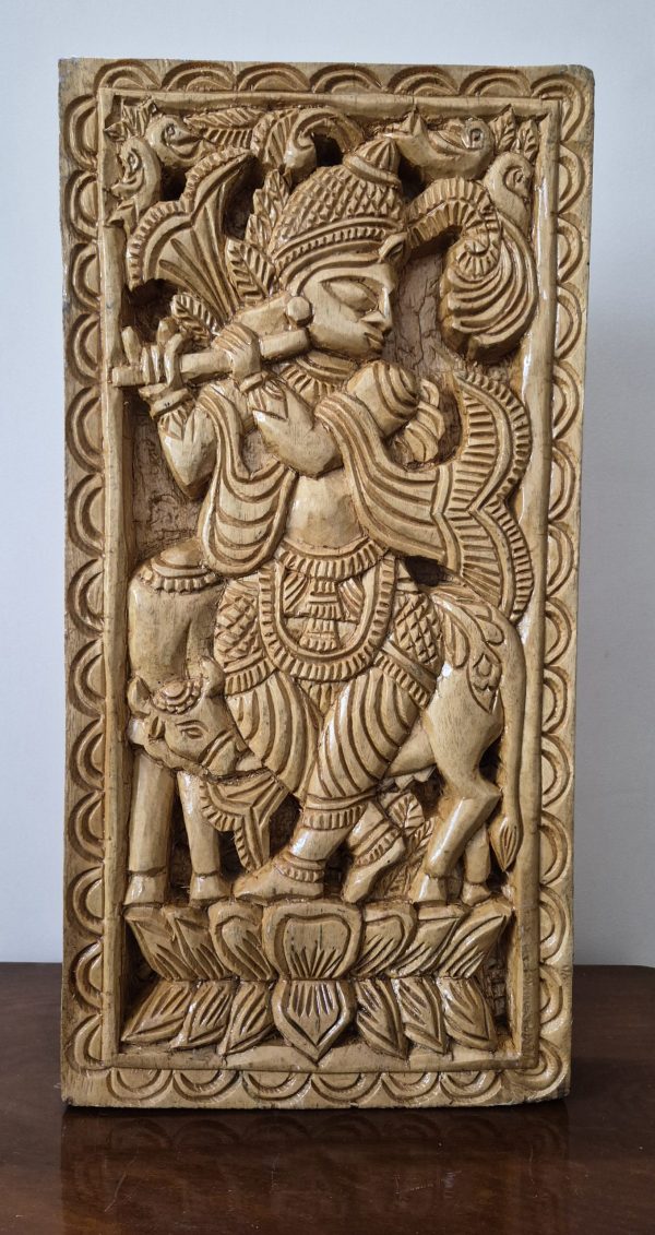 Hand-Carved Lord Krishna Wooden Wall Panel